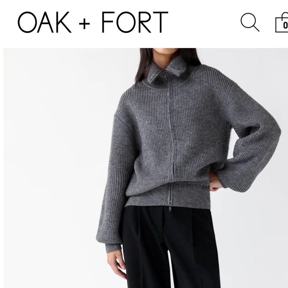 OAK + FORT high neckline zip up sweater. Charcoal